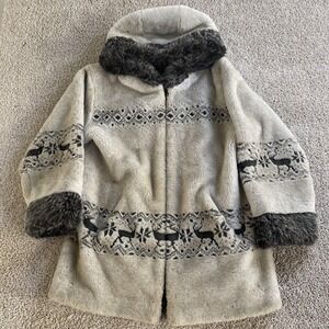 Nordic Lights Coat Womens Large Gray Faux Fur Hooded Fair Isle Reindeer Parka